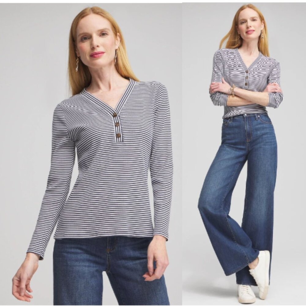 CHICO'S Stripe Ribbed Henley Stretch Tee Navy/White Size 3 (US XL)